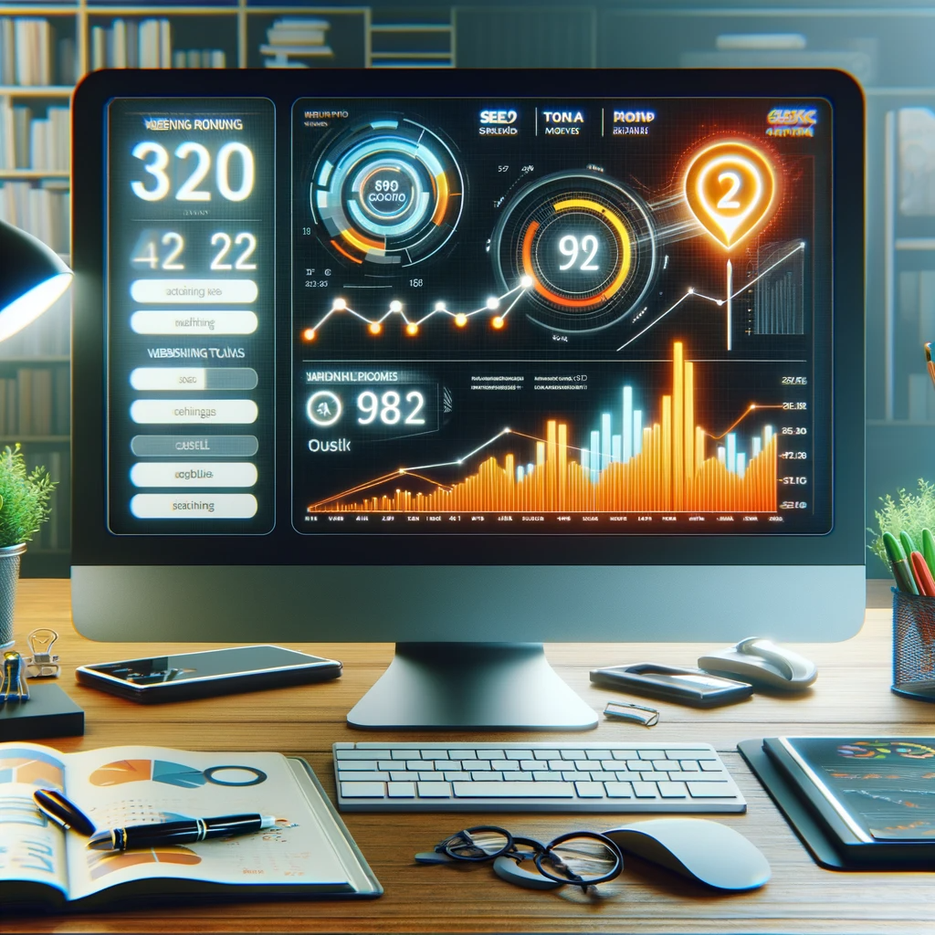 A computer screen displaying SEO analytics and keyword ranking tools, with a visible improvement in website traffic statistics