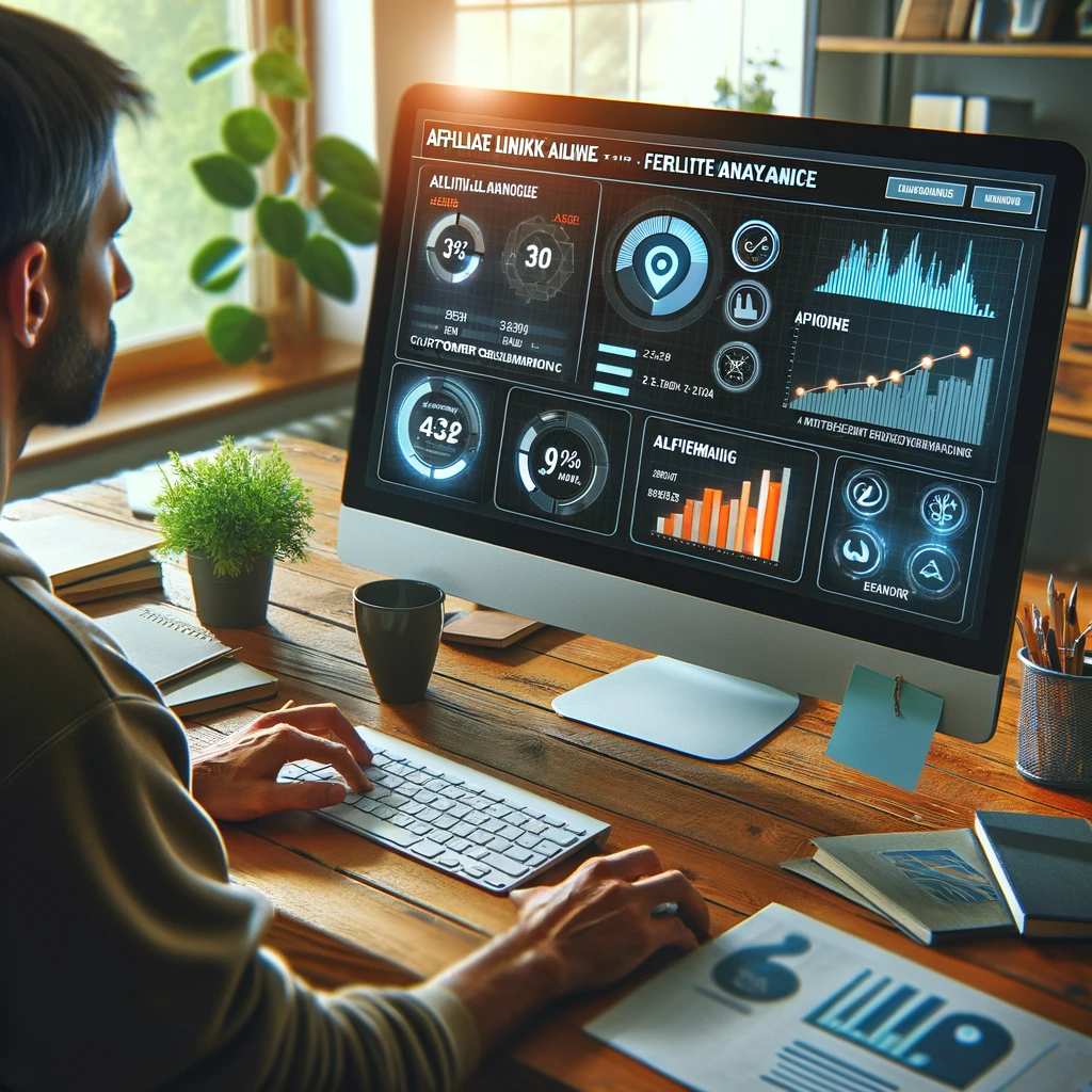 A marketer studying a detailed analytics dashboard on a computer, highlighting affiliate link performance and customer engagement metrics