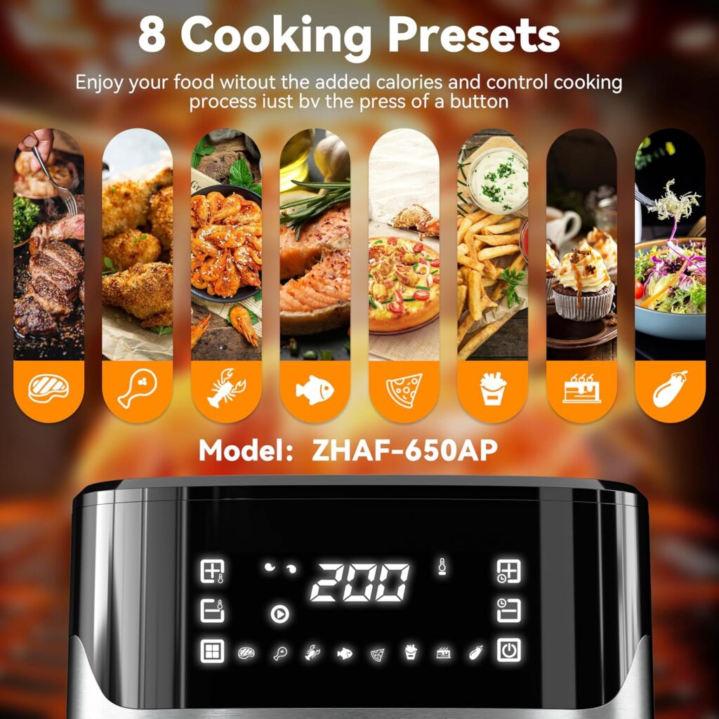 Billord Air Fryer for Home, 6.5L Airfryer Oven Healthy Cooking, Large Air Fryer Stainless with Non-stick Frying Pot, 8in1 Multi-Food Quick  Easy Meal Oiless Cooker with LCD Digital Touch Sceen