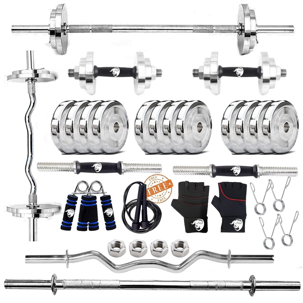 BULLAR 30 Kg Steel Home Gym Set With 3Ft Curl,5Ft Straight Rod,Pair Steel Nut Dumbbell Rods,Steel Weight Plates Combo,Gym Equipment For Home Workout Fitness Kit Professional Exercise Set(10Kg-70Kg)