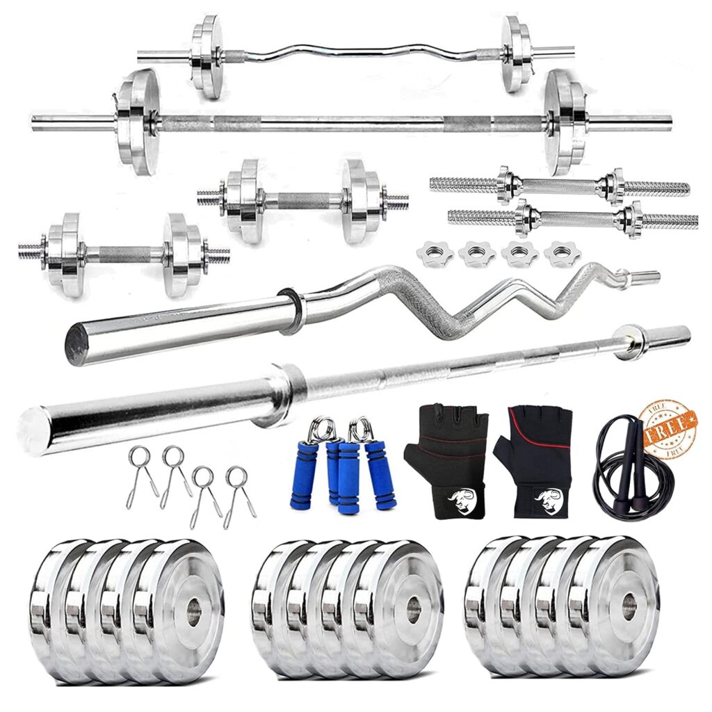 BULLAR 30 Kg Steel Home Gym Set With 3Ft Curl,5Ft Straight Rod,Pair Steel Nut Dumbbell Rods,Steel Weight Plates Combo,Gym Equipment For Home Workout Fitness Kit Professional Exercise Set(10Kg-70Kg)