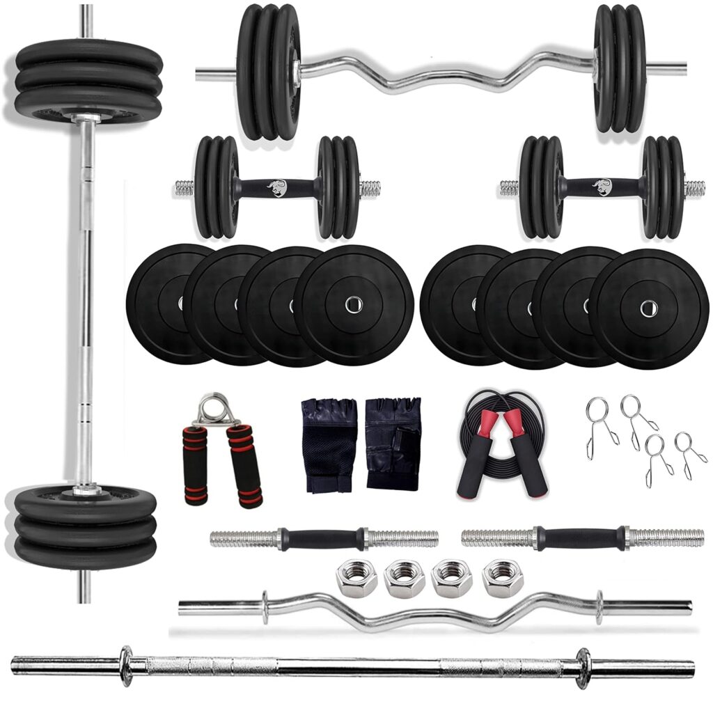 BULLAR Rubber Home Gym Set with 3Ft Curl 5Ft Straight Rod, Pair of Dumbbell Rods, Rubber Weight Plates Combo, Gym Equipment for Workout Fitness Exercise Kit (50 kg Rubber Home Gym Set)